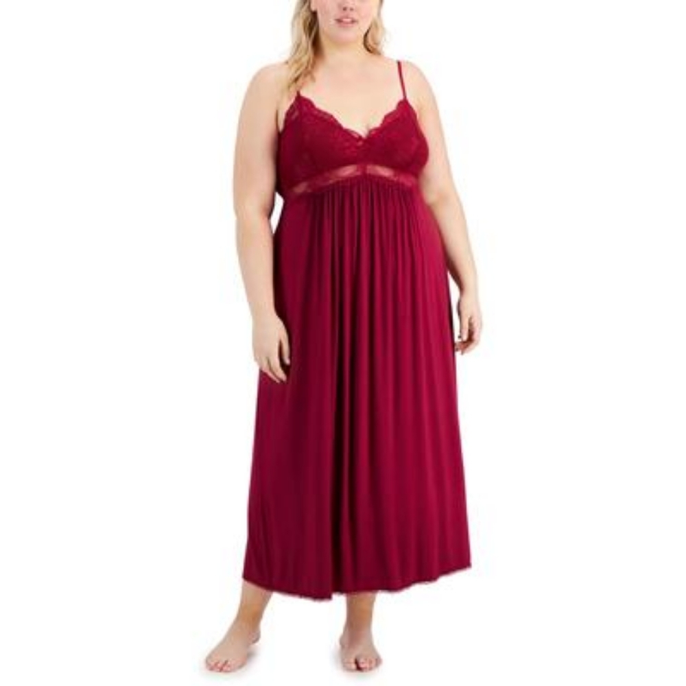 INC Plus Size Lace Cup Long Nightgown, Created for Macy's - Rhododendron